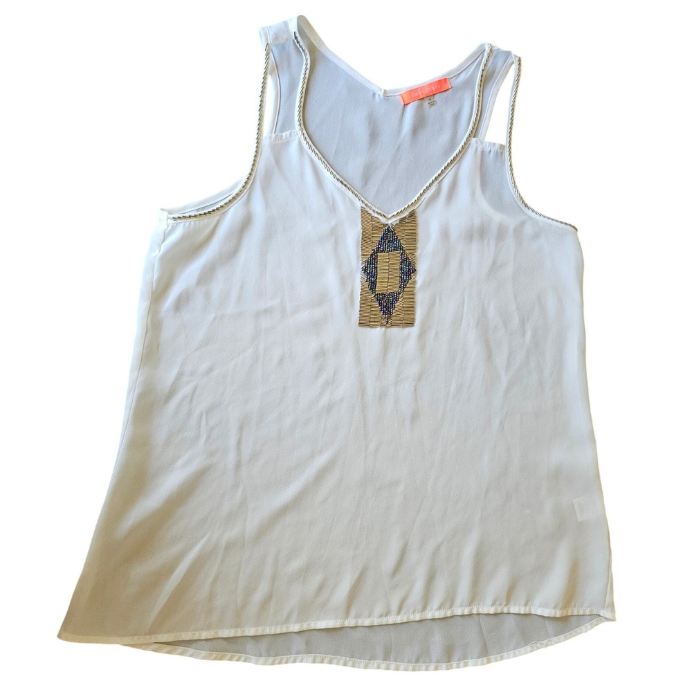 Lulumari White Beaded V-Neck‎ Tank Top Sleeveless Boho Blouse TA15309 Medium